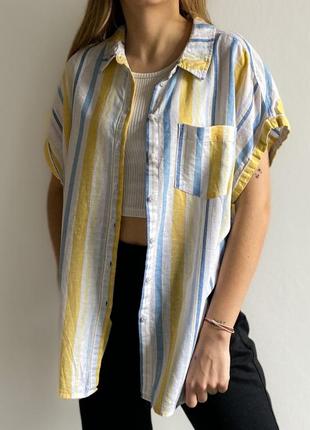 Лляна блуза льон віскоза оверсайз, біла блузка у смужку, сорочка f&f, p. 14