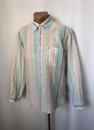 Tommy hilfiger рубашка летняя из крапивы рами летняя в полоску голубая розовая легкая