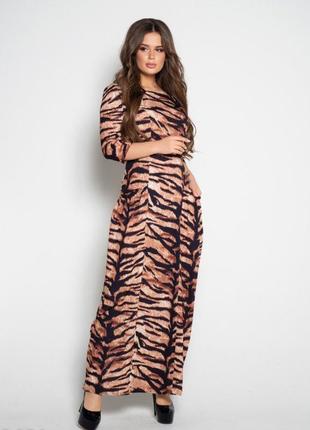 Шикарное платье в тигровый принт, карманы, с карманами, макси, код