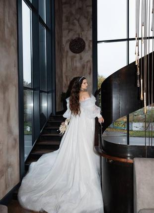 Свадебное платье бохо шлейф пышные рукава трансформер айвори4 фото