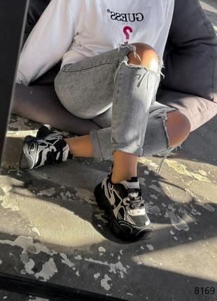 Черные кожаные текстильные грубые массивные кроссовки на толстой грубой массивной подошве платформе с сеткой в сетку4 фото