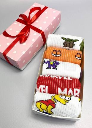 Женские носки , набор женских носков 36-41 5 пар с мультяшным рисунком в подарочной коробке pro_355