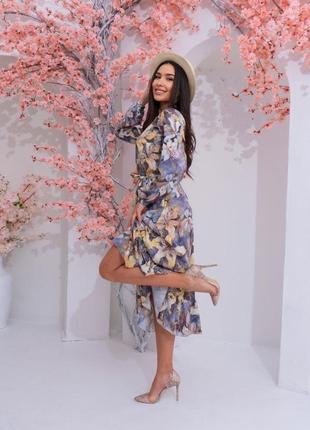 Елегантна сукня міді вільного крою у квітковий принт з поясом бузкова бірюзова стильна якісна2 фото