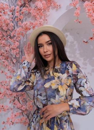 Елегантна сукня міді вільного крою у квітковий принт з поясом бузкова бірюзова стильна якісна3 фото