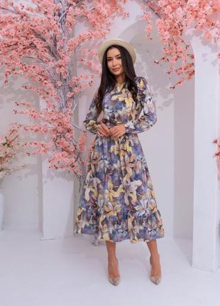 Елегантна сукня міді вільного крою у квітковий принт з поясом бузкова бірюзова стильна якісна1 фото
