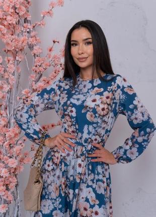 Елегантна сукня міді вільного крою у квітковий принт з поясом бузкова бірюзова стильна якісна6 фото