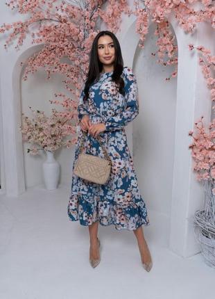 Елегантна сукня міді вільного крою у квітковий принт з поясом бузкова бірюзова стильна якісна10 фото