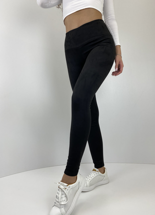 Замшевые брендовые плотные черные штаны леггинсы скинни с высокой талией pretty legs, 14 размер.1 фото