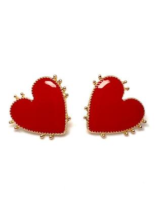 Тренд стильні золотисті червона емаль жіночі сережки кульчики пусети підвіси серце