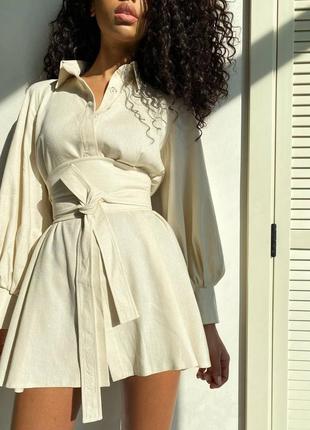 Ефектна лляна сукня-сорочка  подовжена з поясом корсет на талії широкий рукав буф об’ємний пишний трапеція якість люкс під бренд zara mango hm2 фото