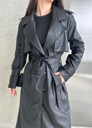 Кожаный плащ тренч длинный матовый миди черный серый с поясом классический пальто курточка ветровка весенний осенний пальто с воротником5 фото