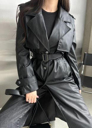 Кожаный плащ тренч длинный матовый миди черный серый с поясом классический пальто курточка ветровка весенний осенний пальто с воротником6 фото