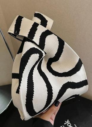 Тренд стильна чорно біла жіноча в'язана текстильна сумка шопер