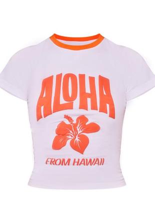 Белая укорочённая футболка топ с оранжевым принтом aloha