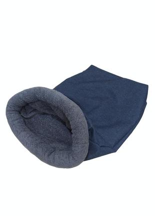 Лежак лежанка ліжко норка кишеня хутряний мішок для котів та собак сірий з синім хутром 80 х 70 см2 фото