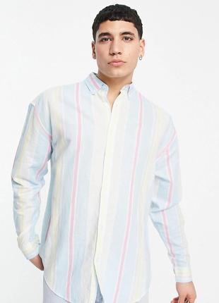 Asos мужская рубашка лён хлопок длинный рукав летняя легкая голубая розовая желтая в полоску
