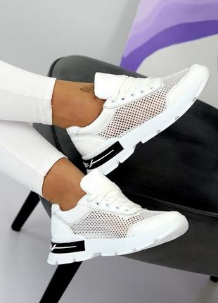 Белые летние женские кожаные кроссовки натуральная кожа + текстильная сетка лето 2024