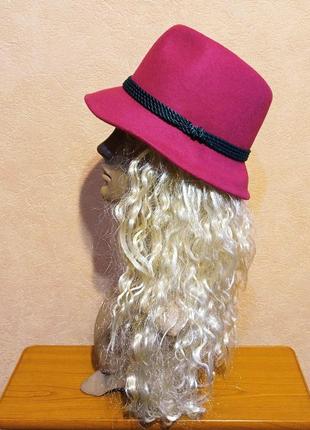 Женская яркая розовая шляпа формы "федора", 100% шерсть.4 фото