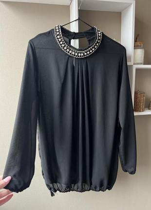 Чёрная блуза полупрозрачная с красивым горлышком в виде ожерелья камни цепочка 🖤