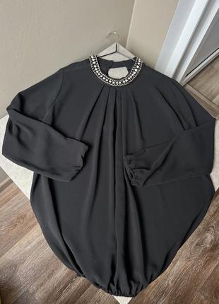 Чёрная блуза полупрозрачная с красивым горлышком в виде ожерелья камни цепочка 🖤4 фото