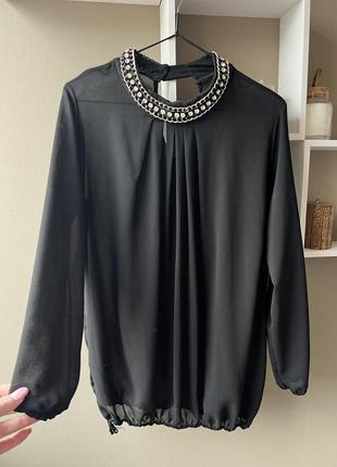 Чёрная блуза полупрозрачная с красивым горлышком в виде ожерелья камни цепочка 🖤5 фото