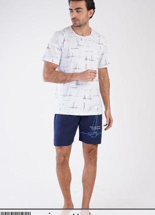 Піжама чоловіча бавовняна футболка та шорти великих розмірів vienetta туреччина, білий/синій