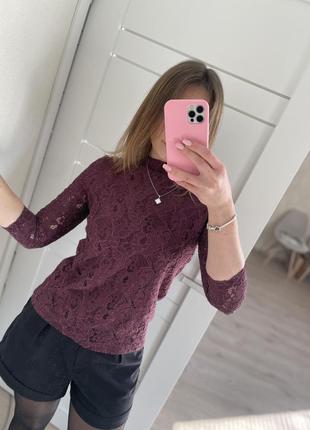 Кофта блуза бордова мереживна гіпюрова водолазка лонгслів джемпер блуза