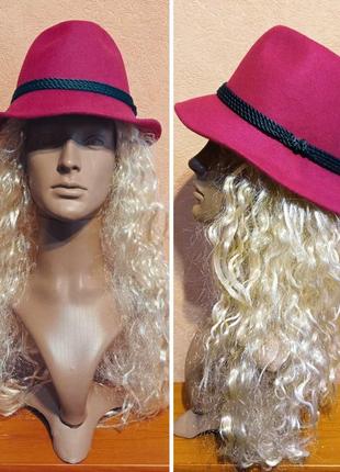 Женская яркая розовая шляпа формы "федора", 100% шерсть.