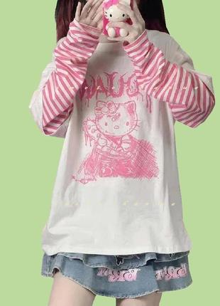 Лонгслив  hello kitty кофта обманка оверсайз  футболка белая с длинным полосатыми розовым  рукавом