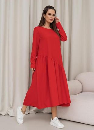 Червона сукня з асиметричним воланом2 фото