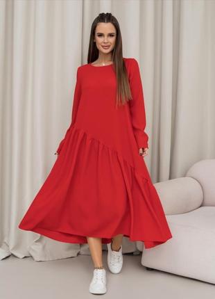 Червона сукня з асиметричним воланом1 фото