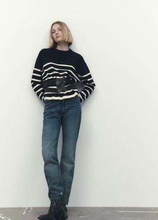 Zara смугастий трикотажний светр, кофт, лонгслив, лонг, світшот, толстовка, бретонка, тільник4 фото