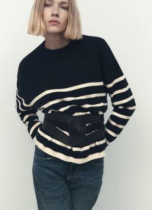 Zara смугастий трикотажний светр, кофт, лонгслив, лонг, світшот, толстовка, бретонка, тільник1 фото