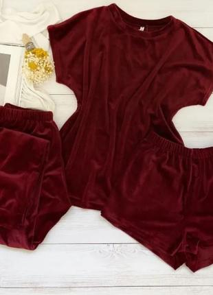 Пижама - тройка, мягкий плюш (штаны, шорты, футболка) 7 цветов