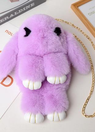 Пушистая фиолетовая сумочка зайка для девочки, пушистая сумка заяц, зайчик, фиолетовая детская сумочка2 фото