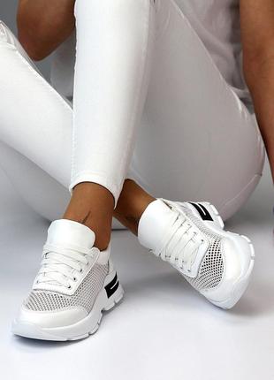 Белые летние женские кожаные кроссовки натуральная кожа + текстильная сетка лето 20248 фото