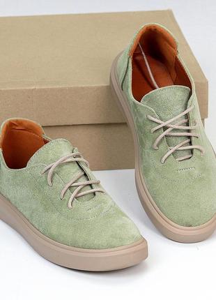 Оливкові демі замшеві туфлі на шнурівці натуральна замша низький хід