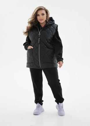 Костюм спортивний прогулянковий трійка тепла жилетка-безрукавка стьобана, батник, штани великих розмірів 46-687 фото