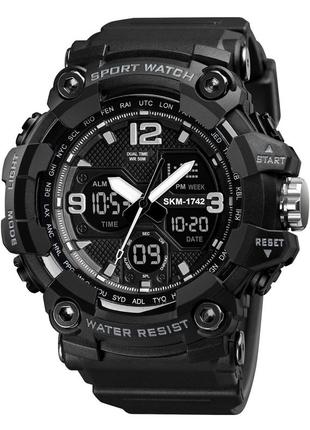 Skmei 1742 black мужские часы для военных милитари секундомер будильник подсветка водозащита