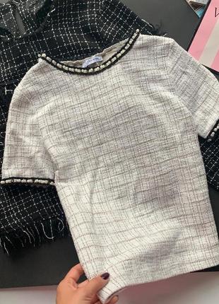👚классная твидовая блуза zara/молочная твидовая блузка с бусинками/твидовая кофточка👚5 фото