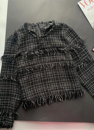👚крутой чёрный твидовый свитер zara/чёрная твидовая кофта с бахромой в клетку👚1 фото