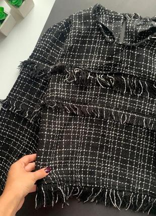 👚крутой чёрный твидовый свитер zara/чёрная твидовая кофта с бахромой в клетку👚5 фото