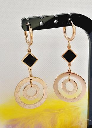 Сережки  stainless steel,  з чорною емаллю. позолота ро, 5,5см