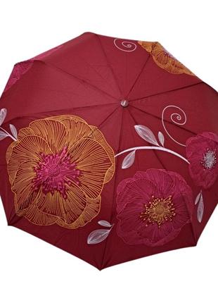 Бордова складна жіноча парасолька з квітами5 фото