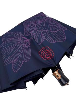 Синя жіноча парасолька напівавтомат з квітами3 фото