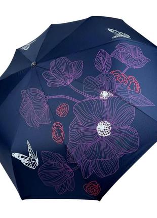Синя жіноча парасолька напівавтомат з квітами1 фото