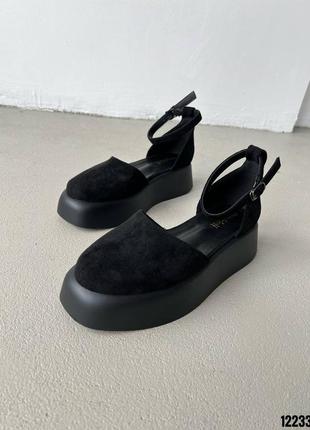 Черные замшевые туфли с ремешком на толстой подошве платформе танкетке5 фото