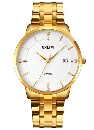 Skmei 1801sgd gold stainless steel, часы, золотые, белые, стильные, прочные, мужские, на каждый день