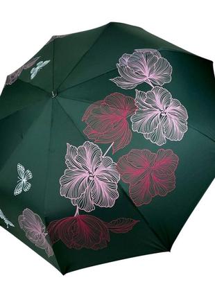 Зеленый складной женский зонт с цветами