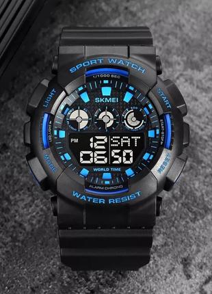 Спортивний - тактичний чоловічий годинник skmei 1857bu (black-blue), каучук, водостійкий, 50м, 50атм, електронний